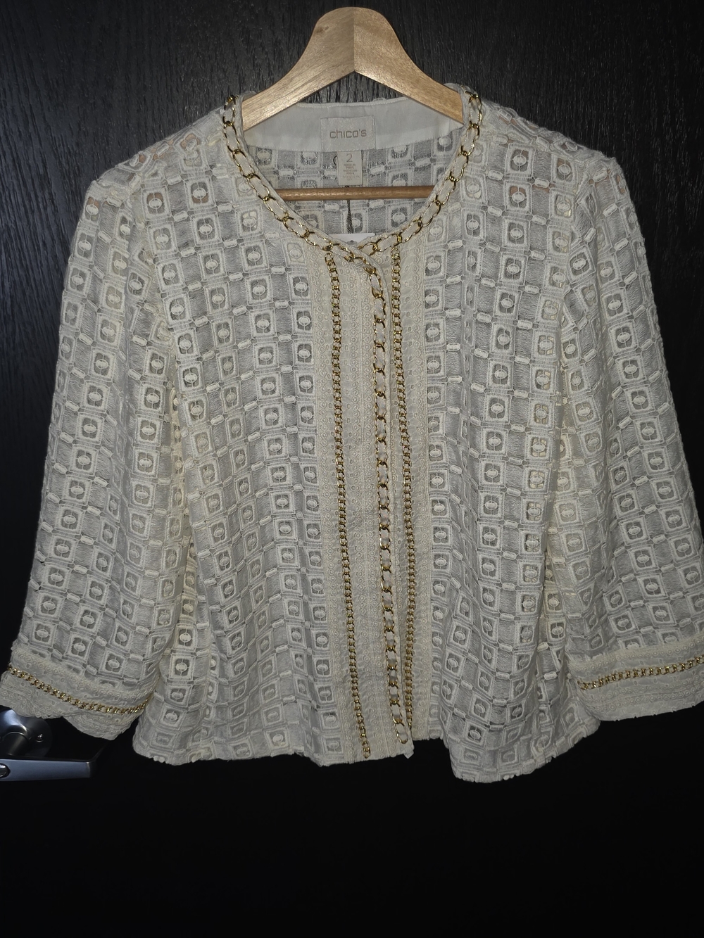 Chico's Cream Openwork Chain-Trim Jacket